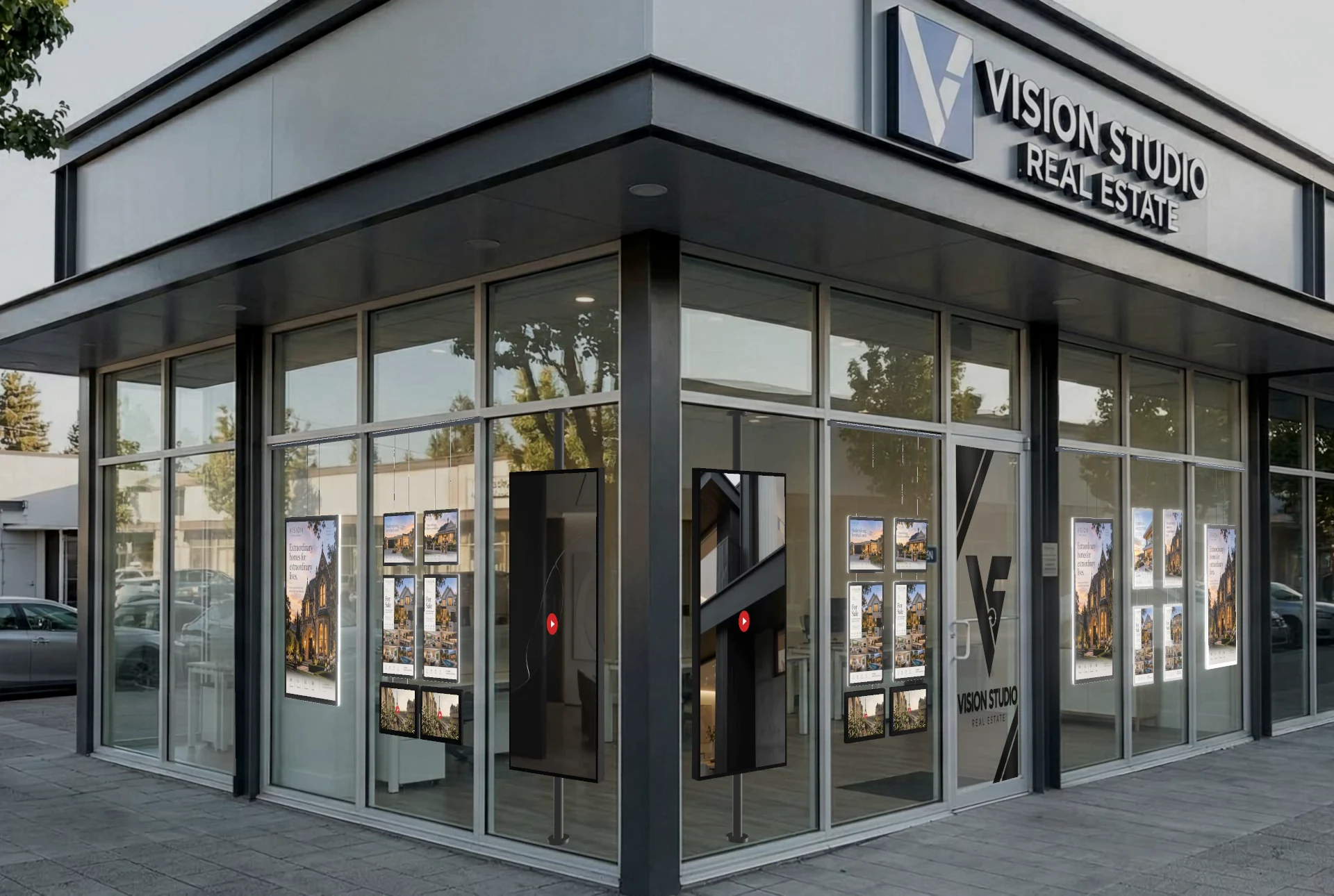 Corner shopfront mockup with portrait digital displays behind the glazing