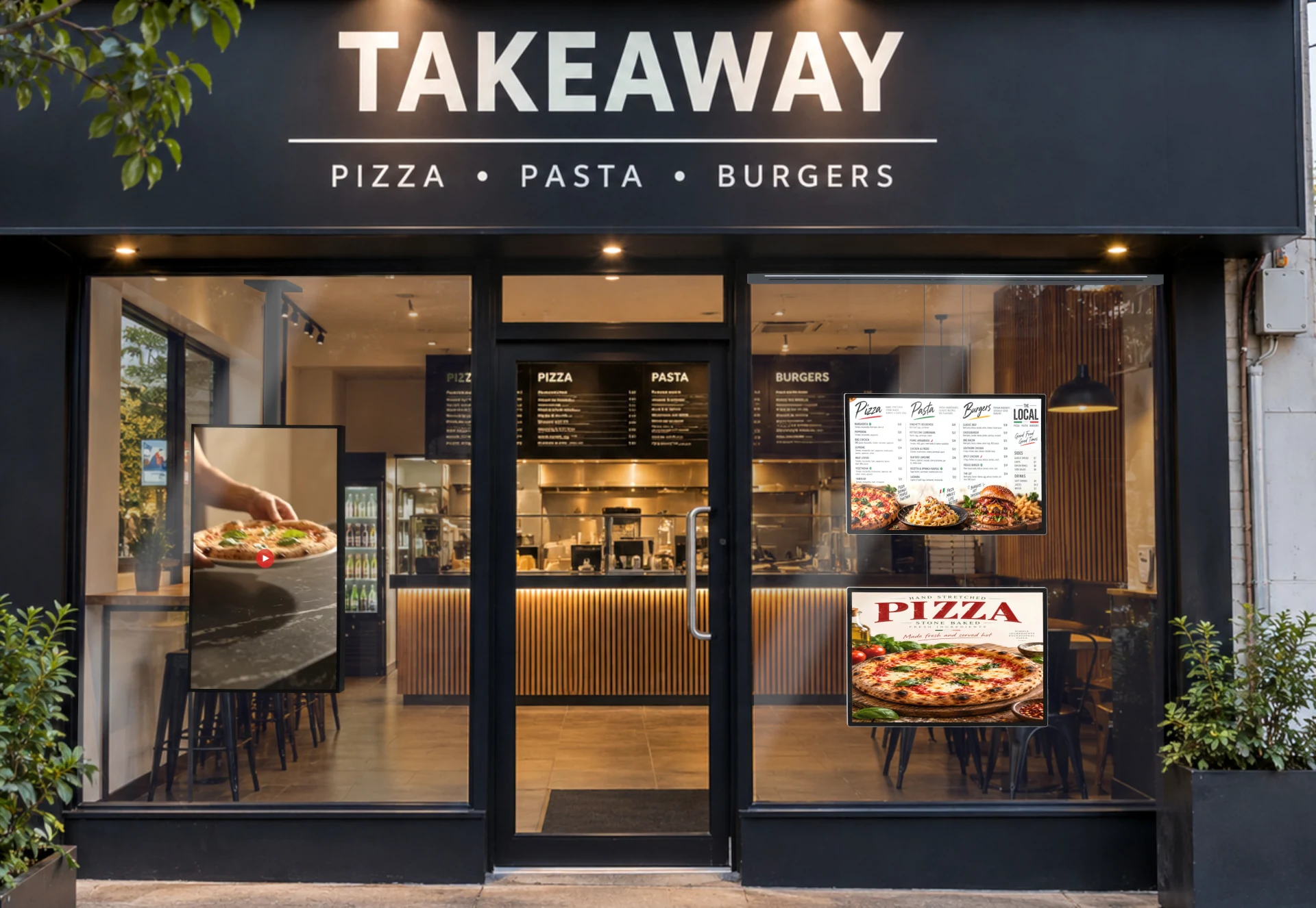 Take-away storefront with digital menu displays in the windows